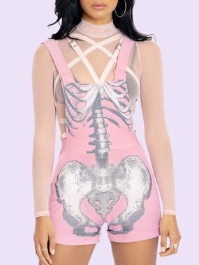 Blackmilk Ribs Pink Short Overalls XS NWT BMC Skeleton Heart Pastel Goth Museum